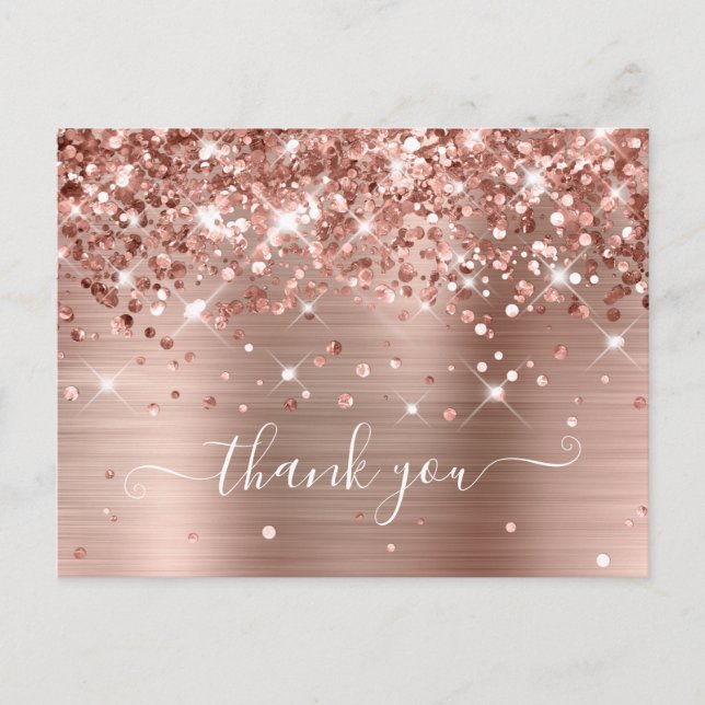 Cartão Postal Glittery Rose Gold Foil Moderno Obrigado Menina (Frente)