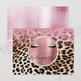Cartão Postal Glitzy Cor de rosa Leve Dourada Eyelashes Leopardo