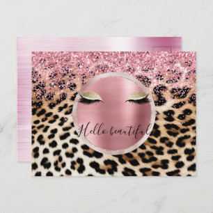 Cartão Postal Glitzy Cor de rosa Leve Dourada Eyelashes Leopardo
