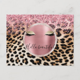 Cartão Postal Glitzy Cor de rosa Leve Dourada Eyelashes Leopardo