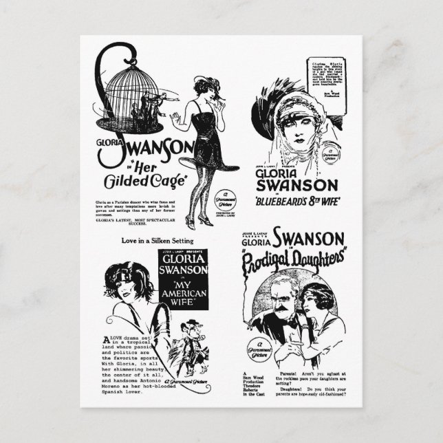 Cartão Postal Gloria Swanson Silent Movie ads (Frente)