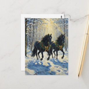 Cartão Postal Gloriosos Cavalos Pretos com Grinaldas em Bosques 