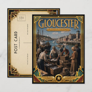 Cartão Postal Gloucester Massachusetts Arte Deco Vintage Dourado