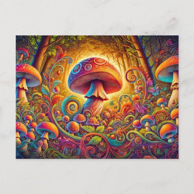 Cartão Postal glowing psychedelic mushroom in a magical landscap (Frente)