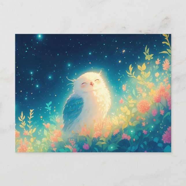 Cartão Postal Glowy White Owl in Starry Night Meadow (Frente)