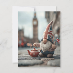 Cartão Postal Gnome britânico com Union Jack Hat e Teapot