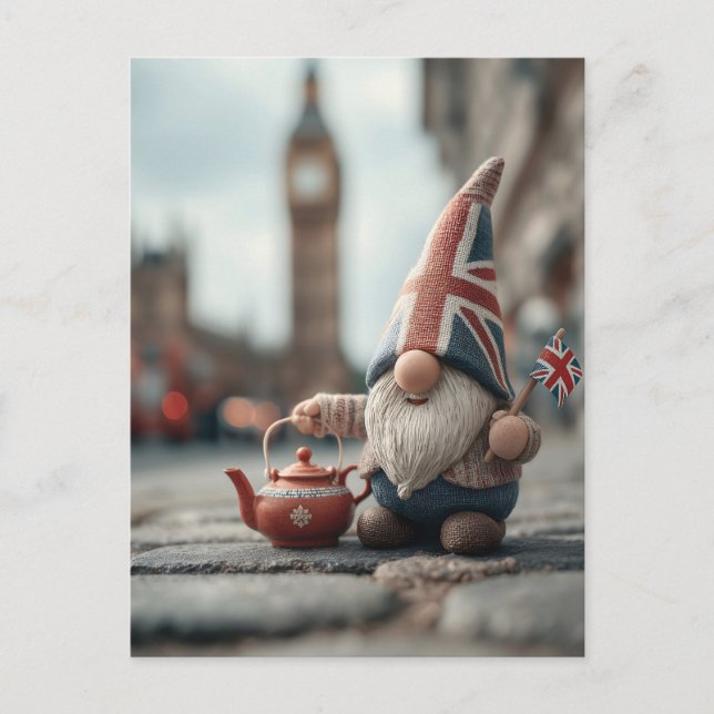 Cartão Postal Gnome britânico com Union Jack Hat e Teapot (Frente)