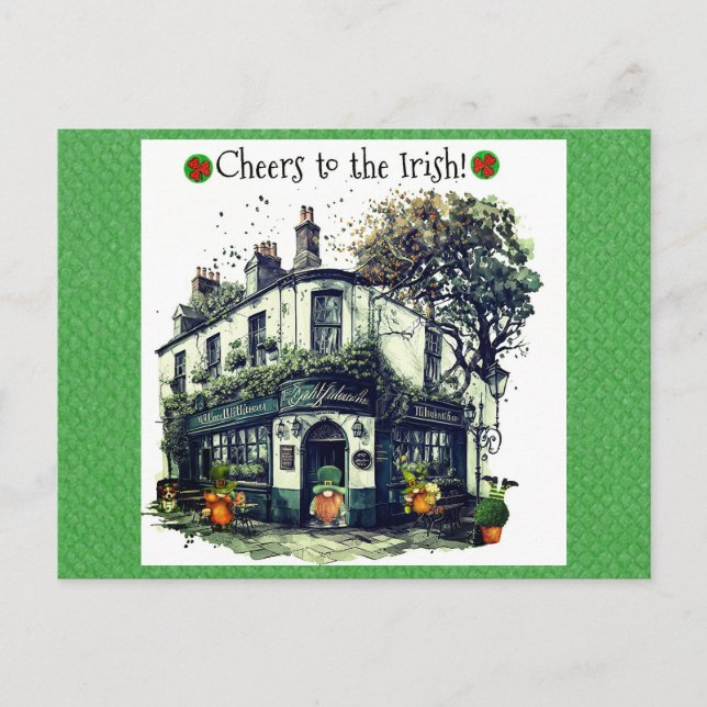 Cartão Postal Gnome de Dia de São Patrício bonito - Irlandês Pub (Frente)