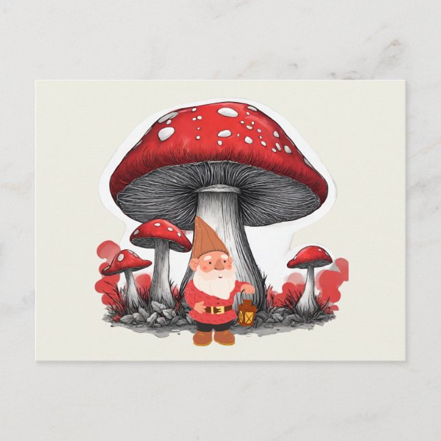 Cartão Postal Gnome e Cogumelos Vermelhos Gigantes (Frente)