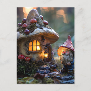 Cartão Postal Gnome e uma casa de cogumelos, design de fantasia