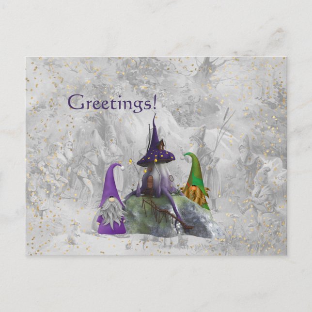 Cartão Postal Gnome Purple House Dourado Confetti (Frente)