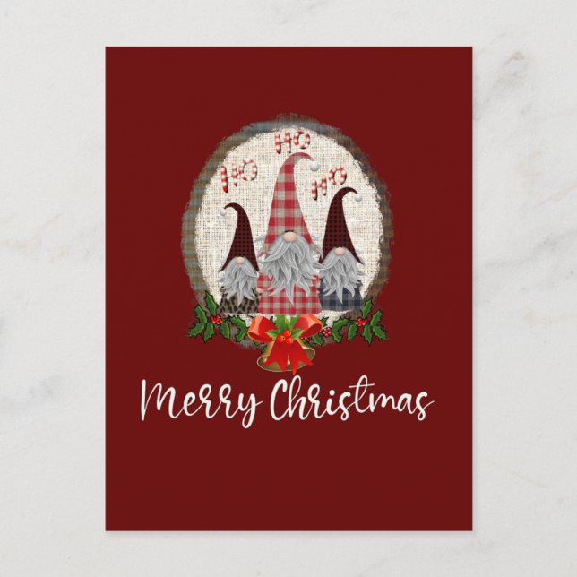 Cartão Postal Gnômes de Natal Alegres Vermelhos, Rústicos, Xadre (Frente)