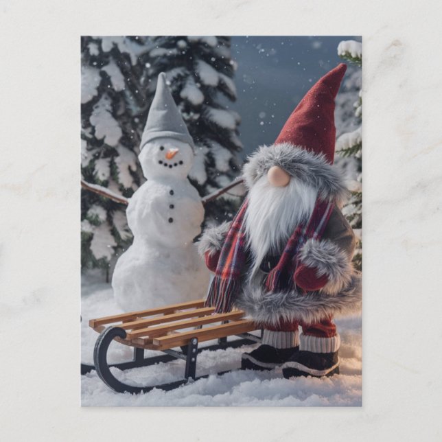Cartão Postal Gnomo bonito em roupas de Papai noel com trenó (Frente)