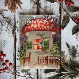 Cartão Postal Gnomo de Inverno Vintage em Cogumelo de Natal