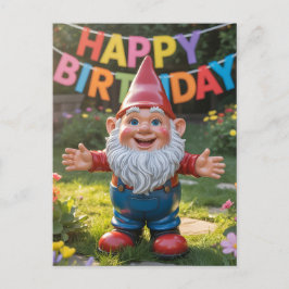 Cartão Postal Gnomo de Jardim Alegre com Faixa de "Feliz Anivers