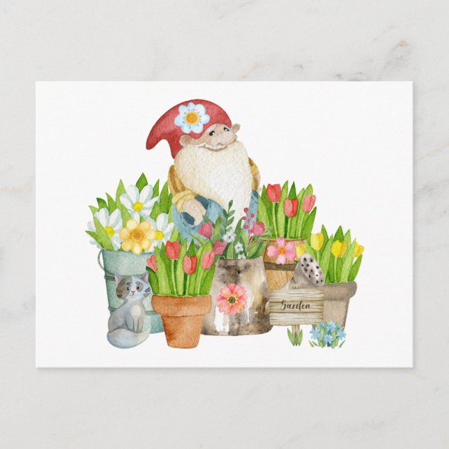 Cartão Postal Gnomo de Jardim com Flores e Gato (Frente)