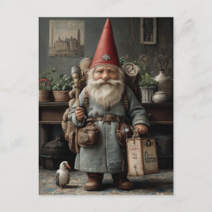 Cartão Postal Gnomo de Natal Viajante Antigo