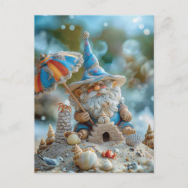 Cartão Postal Gnomo de praia bonito com um guarda-chuva