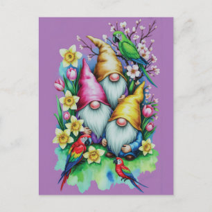 Cartão Postal Gnomos de Jardim com Papagaios e Florais de Primav