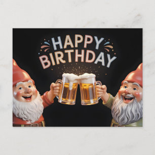 Cartão Postal Gnomos "Feliz Aniversário" Brindando com Canecas d