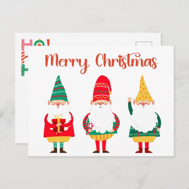 Cartão Postal Gnomos Festivos Caçados Feliz Natal (Frente/Verso)