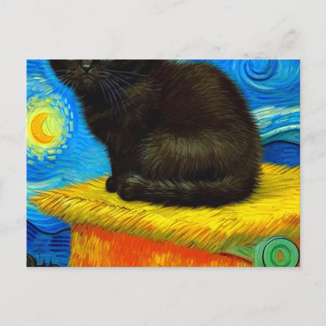 Cartão Postal Gogh Style Starry Night Cat (Frente)