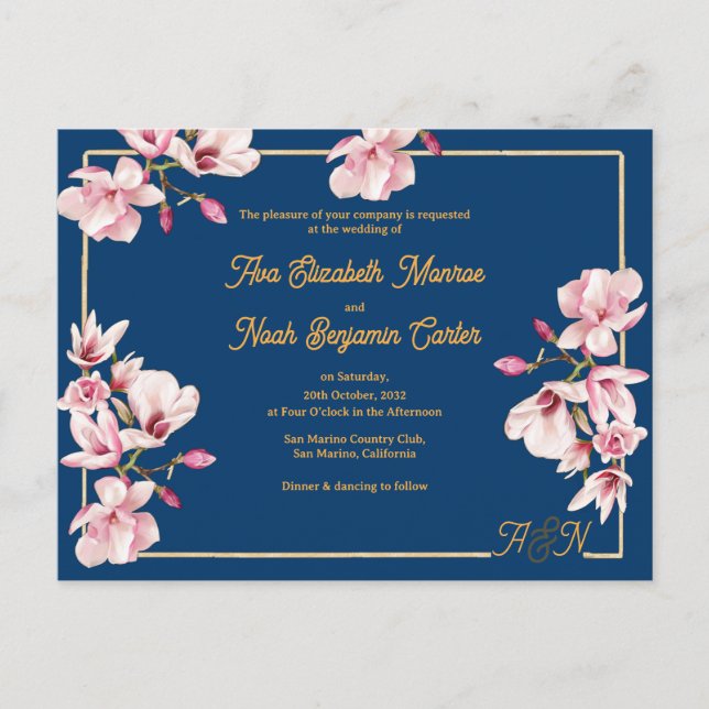 Cartão Postal Gold Arch Navy Magnolia Floral Wedding Invitation (Frente)