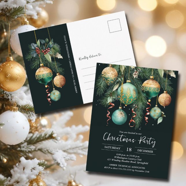 Cartão Postal Gold Baubles Christmas Tree Party Invitation (Gold and green Christmas tree party invitation postcards)