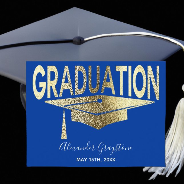 Cartão Postal Gold Blue Graduation Cap Save The Date (Criador carregado)