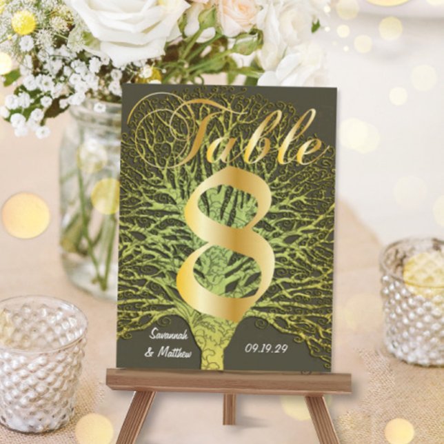 Cartão Postal Gold Green Swirly Tree Table Number 8 (Criador carregado)