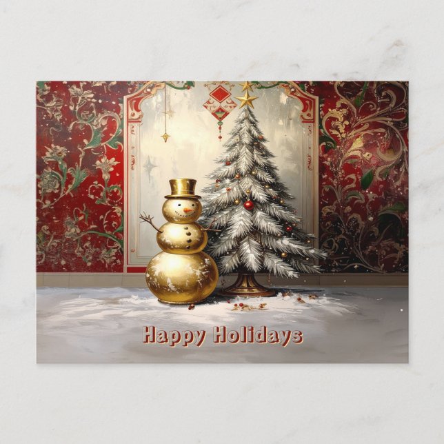 Cartão Postal Gold Snowman Christmas Tree Holiday Postcard (Frente)