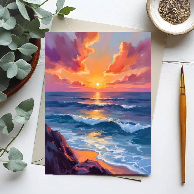 Cartão Postal Golden Coast | Ocean Sunset Watercolor Painting (Criador carregado)