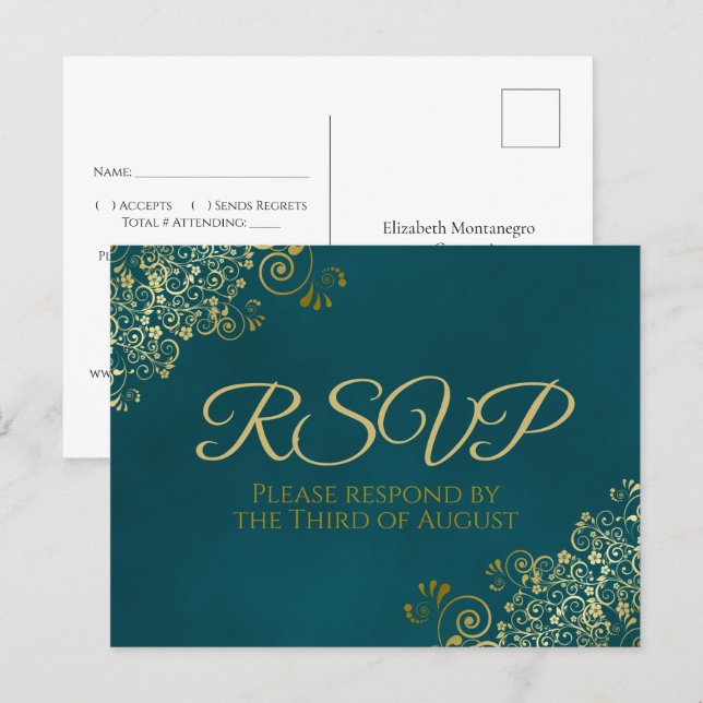 Cartão Postal Golden Curls & Swirls on Teal Wedding RSVP (Frente/Verso)
