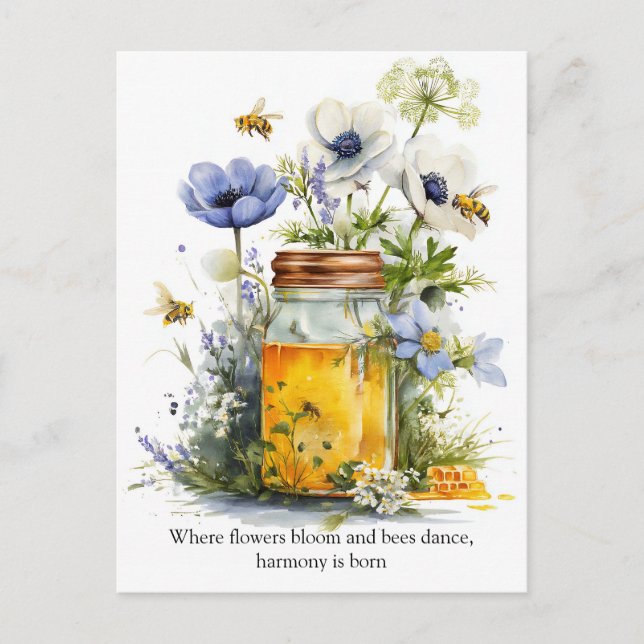 Cartão Postal Golden Harmony Honey, Flowers, and Bees (Frente)