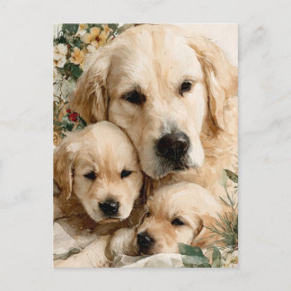 Cartão Postal Golden Retriever Family Puppies Vintage Christmas