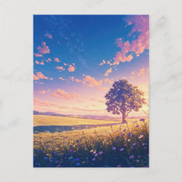 Cartão Postal Golden Sunset Tree and Starry Sky