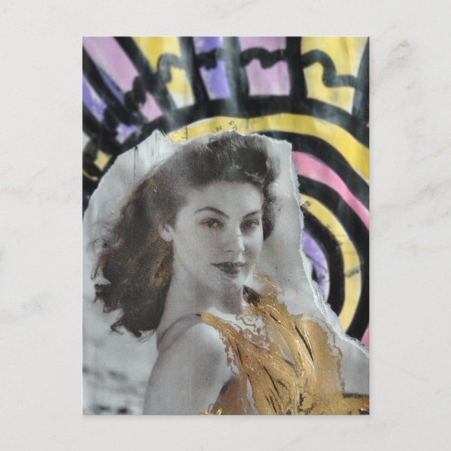 Cartão Postal Golden Swimsuit Woman in 1939 beach collage art (Frente)