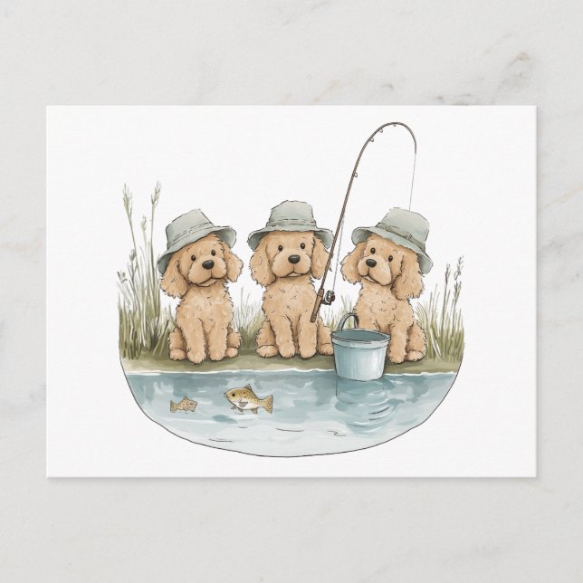 Cartão Postal Goldendoodle Cães Pescar (Frente)