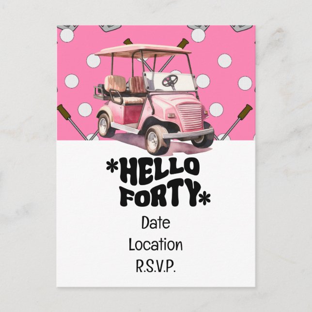 Cartão Postal Golf 40º aniversário com carrinho rosa  mulher gol (Frente)