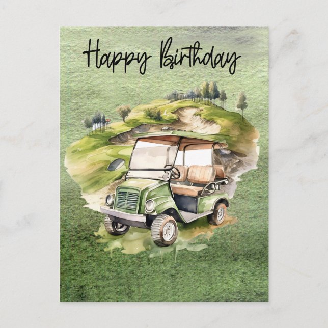 Cartão Postal Golf Birthday com aquarela de golfe (Frente)