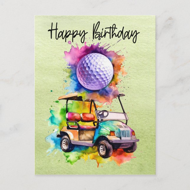 Cartão Postal Golf Birthday com aquarela de golfe (Frente)