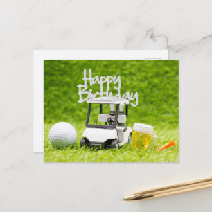 Cartão Postal Golf Birthday com carrinho de golfe e cerveja para