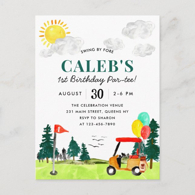 Cartão Postal Golf Boy Golfing by Fore a Par Tee Birthday (Frente)