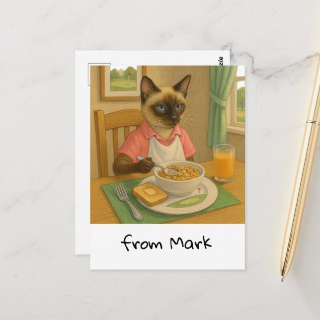 Cartão Postal Golf Cat Lover está tomando café da manhã (Frente/Verso In Situ)