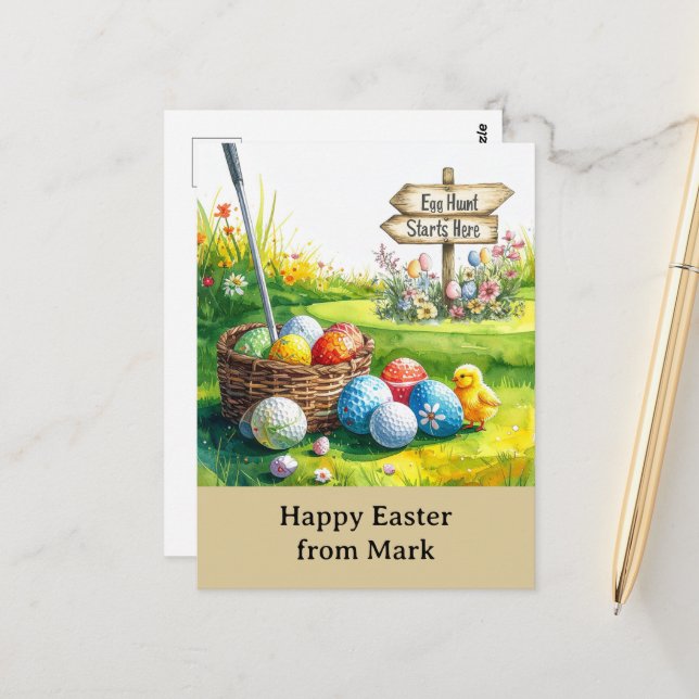 Cartão Postal Golf Easter for golfer watercolor Spring (Frente/Verso In Situ)