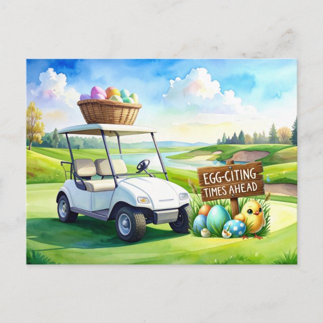Cartão Postal Golf easter holiday with golf cart and easter eggs (Frente)