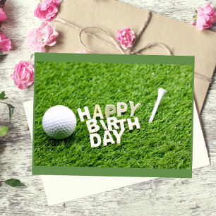 Cartão Postal Golf Feliz Aniversário com bola de golfe e tee