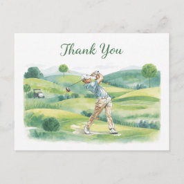 Cartão Postal Golf Thank You Card with Golfer Swinging on Green 