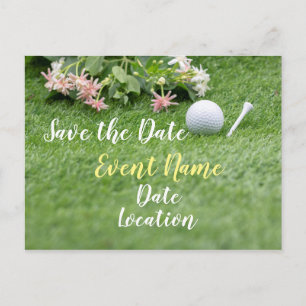Cartão Postal Golfe com flores na grama verde salve a data