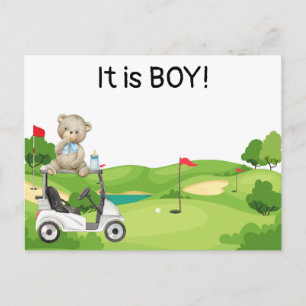 Cartão Postal Golfe É um menino golfista bebê no carrinho de gol